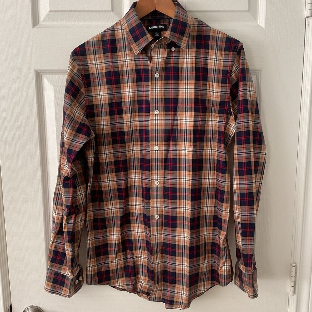 Lands End Button Up Shirt Men S Tan Blue Plaid Cotton No Iron Twill Preppy